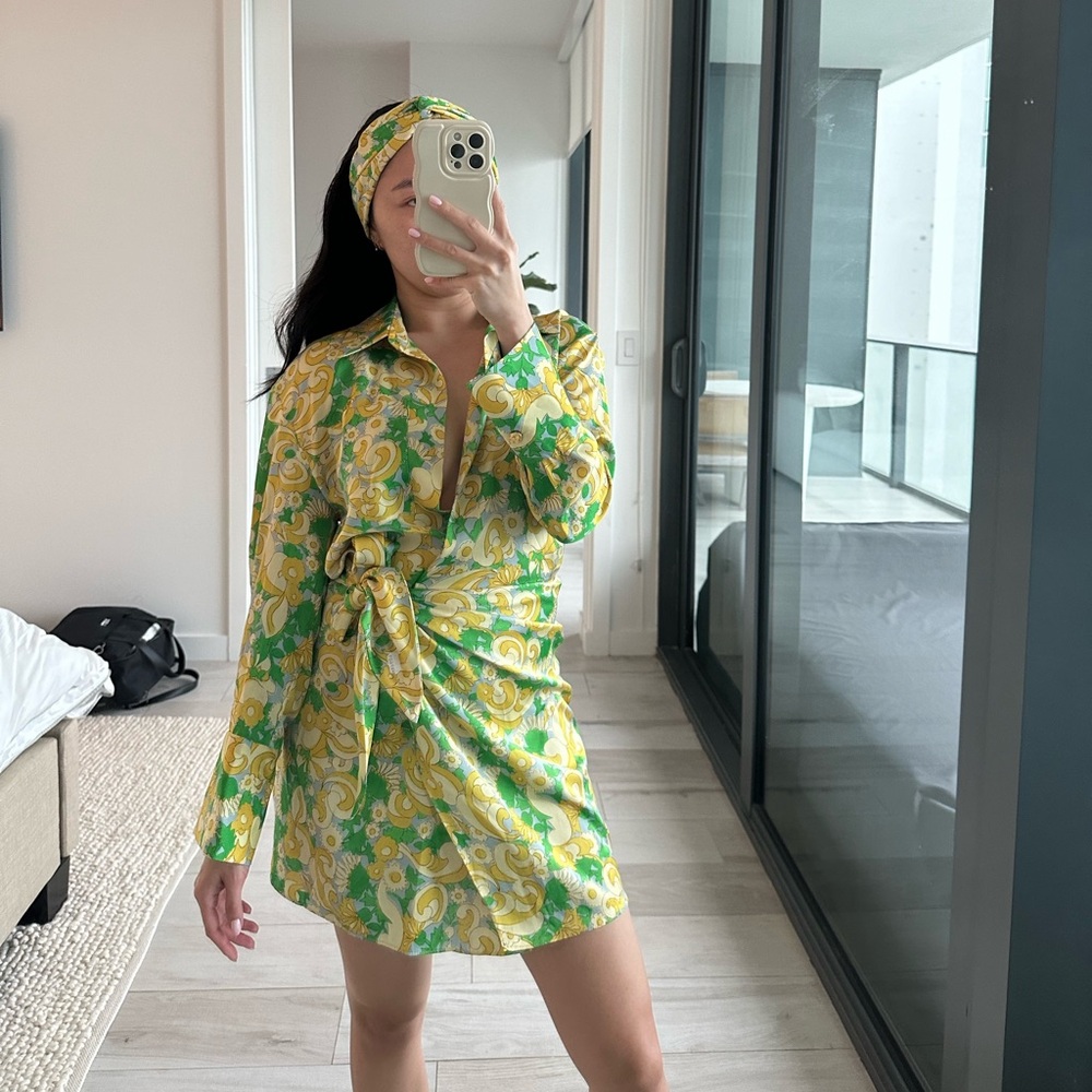 Green and Yellow Zara Dress with matching headband in Size XS